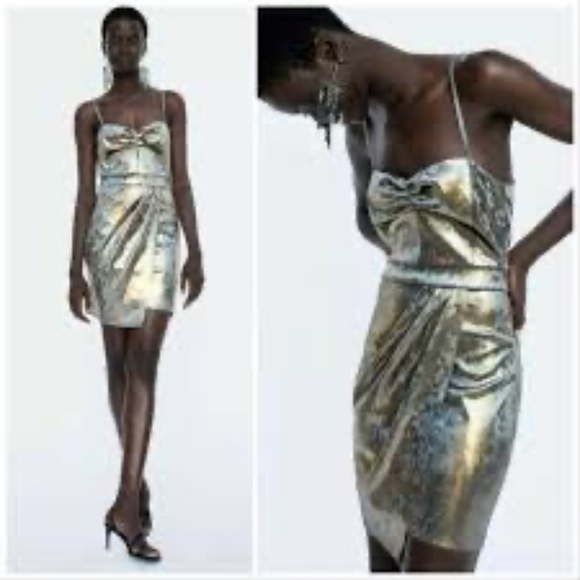 Zara Basic Gold Mini Dress NWOT - Picture 2 of 10